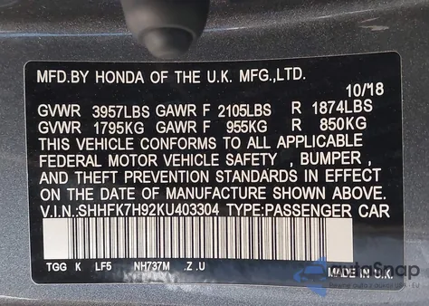 2019 Honda Civic Sport Touring из США, поврежденный, VIN SHHFK7H92KU403304